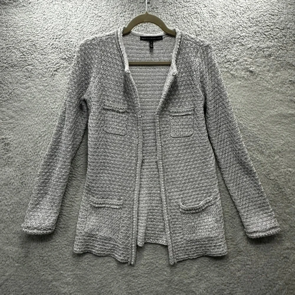 White House Black Market Women's Small Silver Metallic Fringe Knit Cardigan EUC